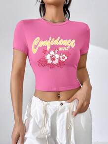 SHEIN Qutie Floral & Letter Graphic Crop Tee - Pink - View 3