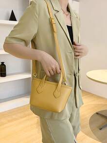 Litchi Em Relevo Bolsa Quadrada Alça Dupla Pequeno - Amarelo - Ver 4