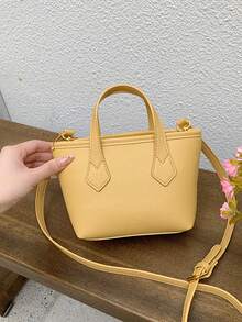 Litchi Em Relevo Bolsa Quadrada Alça Dupla Pequeno - Amarelo - Ver 7