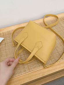 Litchi Em Relevo Bolsa Quadrada Alça Dupla Pequeno - Amarelo - Ver 8