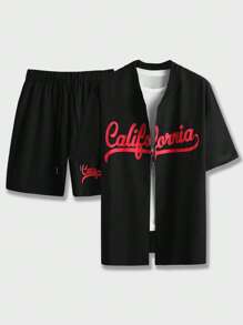 ROMWE MEN Prep Guys Letter Baseball Neck Shirt & Drawstring Shorts - Black - View 1