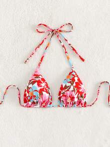 SHEIN Swim 印花吊脖三角杯比基尼上衣 - 白色 - 查看 3