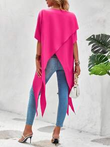 SHEIN VCAY Áo sơ mi nữ Bất đối xứng màu trơn Giải trí - Màu Hồng Tươi - Xem 2