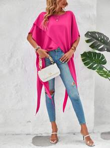 SHEIN VCAY Áo sơ mi nữ Bất đối xứng màu trơn Giải trí - Màu Hồng Tươi - Xem 3