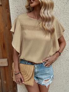 SHEIN LUNE Blusa unicolor de manga murciélago - Caqui - Ver 4