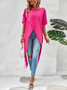 SHEIN VCAY Áo sơ mi nữ Bất đối xứng màu trơn Giải trí - Màu Hồng Tươi - Xem 4