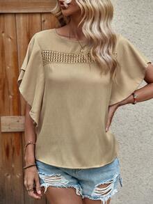 SHEIN LUNE Blusa unicolor de manga murciélago - Caqui - Ver 5