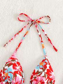 SHEIN Swim 印花吊脖三角杯比基尼上衣 - 白色 - 查看 6