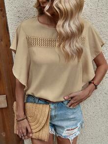 SHEIN LUNE Blusa unicolor de manga murciélago - Caqui - Ver 6