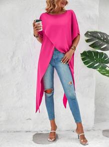 SHEIN VCAY Áo sơ mi nữ Bất đối xứng màu trơn Giải trí - Màu Hồng Tươi - Xem 6