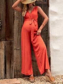 SHEIN Maternity Solid Belted Wide Leg Jumpsuit - Burnt Orange - View 1