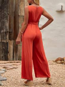 SHEIN Maternity Solid Belted Wide Leg Jumpsuit - Burnt Orange - View 2