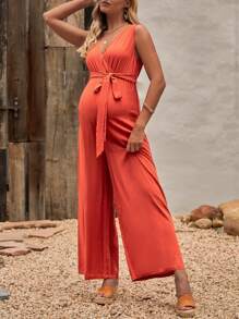 SHEIN Maternity Solid Belted Wide Leg Jumpsuit - Burnt Orange - View 3