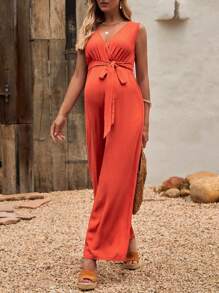 SHEIN Maternity Solid Belted Wide Leg Jumpsuit - Burnt Orange - View 5
