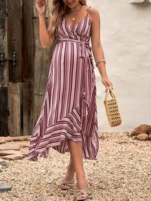 SHEIN 休閒腰帶 荷葉邊 交叉條紋孕婦連身裙 - 彩色 - 查看 4