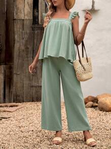 SHEIN Maternity Ruffle Trim Top & Wide Leg Pants - Mint Green - View 1