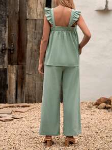 SHEIN Maternity Ruffle Trim Top & Wide Leg Pants - Mint Green - View 2