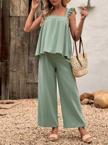 SHEIN Maternity Ruffle Trim Top & Wide Leg Pants - Mint Green - View 3