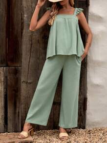 SHEIN Maternity Ruffle Trim Top & Wide Leg Pants - Mint Green - View 4