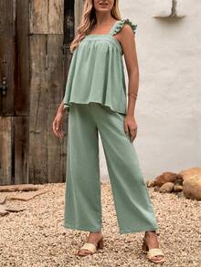 SHEIN Maternity Ruffle Trim Top & Wide Leg Pants - Mint Green - View 5