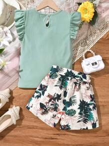 SHEIN Tween Girl Keyhole Neck Ruffle Trim Tee & Tropical Print Shorts - Multicolor - View 2