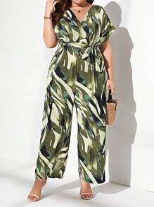 SHEIN Clasi 大碼滿版印花蝙蝠袖腰帶闊腿連體褲 - 綠色 - 查看 1
