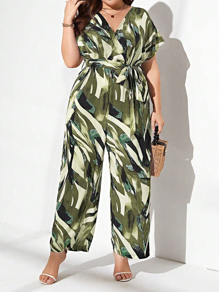 SHEIN Clasi 大碼滿版印花蝙蝠袖腰帶闊腿連體褲 - 綠色 - 查看 1