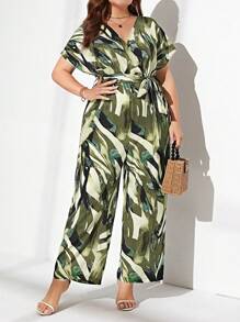 SHEIN Clasi 大碼滿版印花蝙蝠袖腰帶闊腿連體褲 - 綠色 - 查看 4