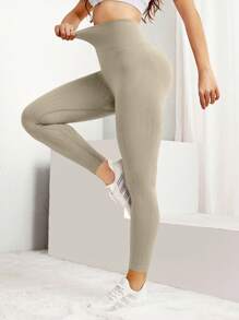 Gameset SHEIN Sport 寬腰帶運動打底褲 - 卡其色 - 查看 1