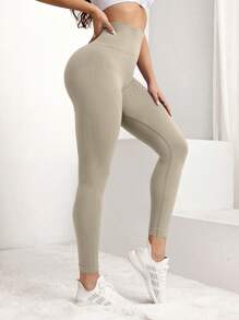 Gameset SHEIN Sport 寬腰帶運動打底褲 - 卡其色 - 查看 4