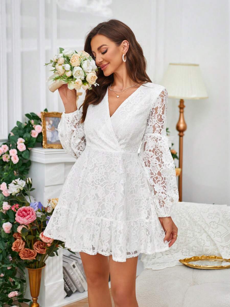 SHEIN Frenchy Surplice Neck Ruffle Hem Lace Dress - White - View 1