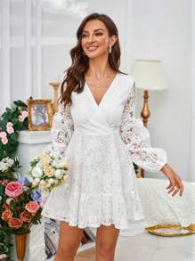 SHEIN Frenchy Surplice Neck Ruffle Hem Lace Dress - White - View 3