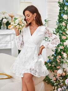 SHEIN Frenchy Surplice Neck Ruffle Hem Lace Dress - White - View 4