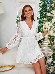 SHEIN Frenchy Surplice Neck Ruffle Hem Lace Dress - White - View 6