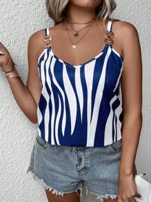 SHEIN LUNE 大碼條紋印花環鏈吊帶上衣 - 藍色 - 查看 2