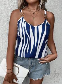 SHEIN LUNE 大碼條紋印花環鏈吊帶上衣 - 藍色 - 查看 6