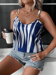 SHEIN LUNE 大碼條紋印花環鏈吊帶上衣 - 藍色 - 查看 7