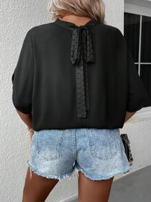 SHEIN Clasi 大碼蕾絲拼接後綁帶蝙蝠袖襯衫 - 黑色 - 查看 2