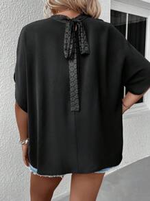 SHEIN Clasi 大碼蕾絲拼接後綁帶蝙蝠袖襯衫 - 黑色 - 查看 3