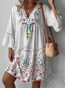 SHEIN VCAY Plus Floral Print Guipure Lace Insert Flounce Sleeve Dress - White - View 3