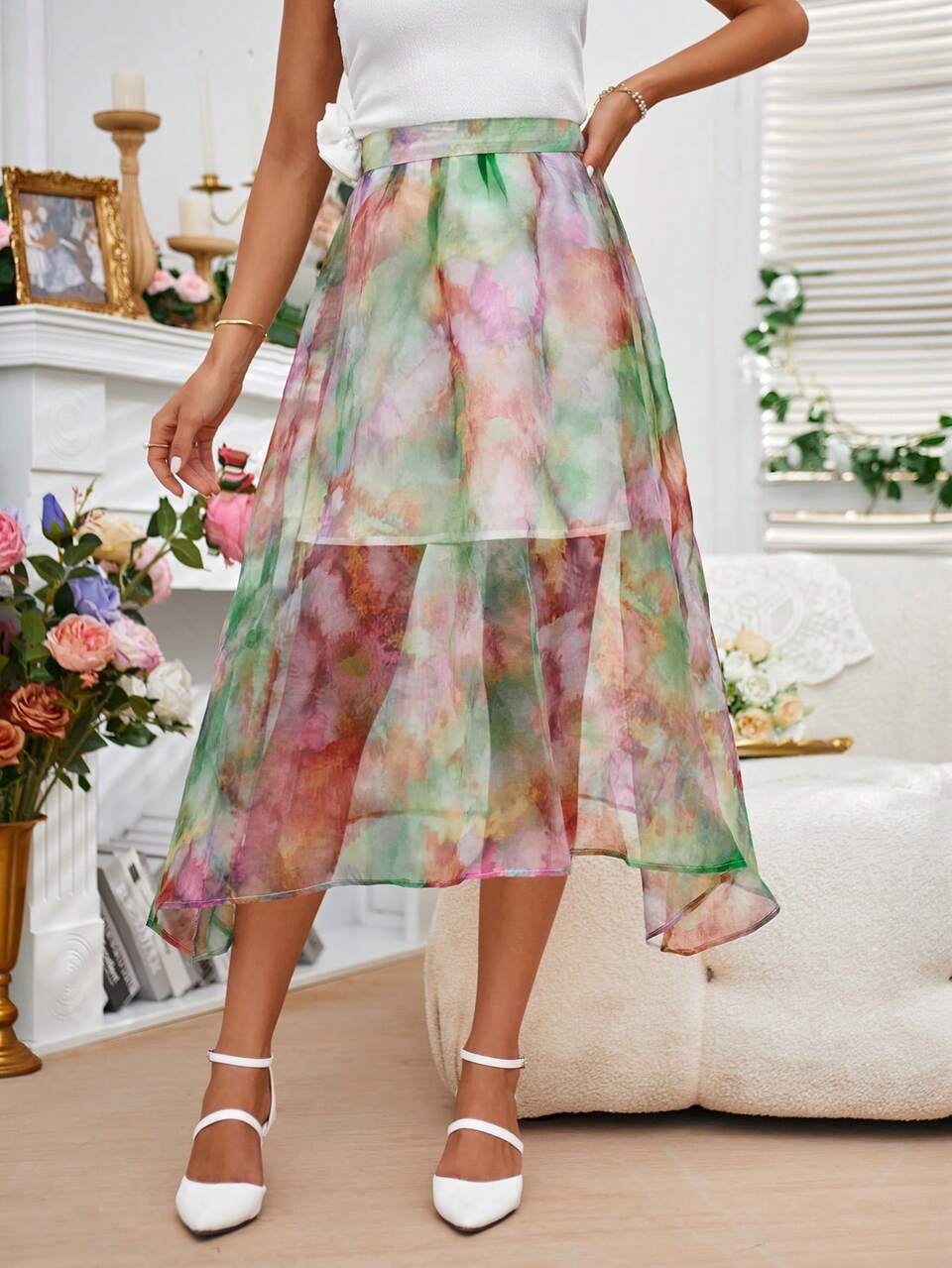 Tie Dye Asymmetrical Hem Mesh Overlay Skirt