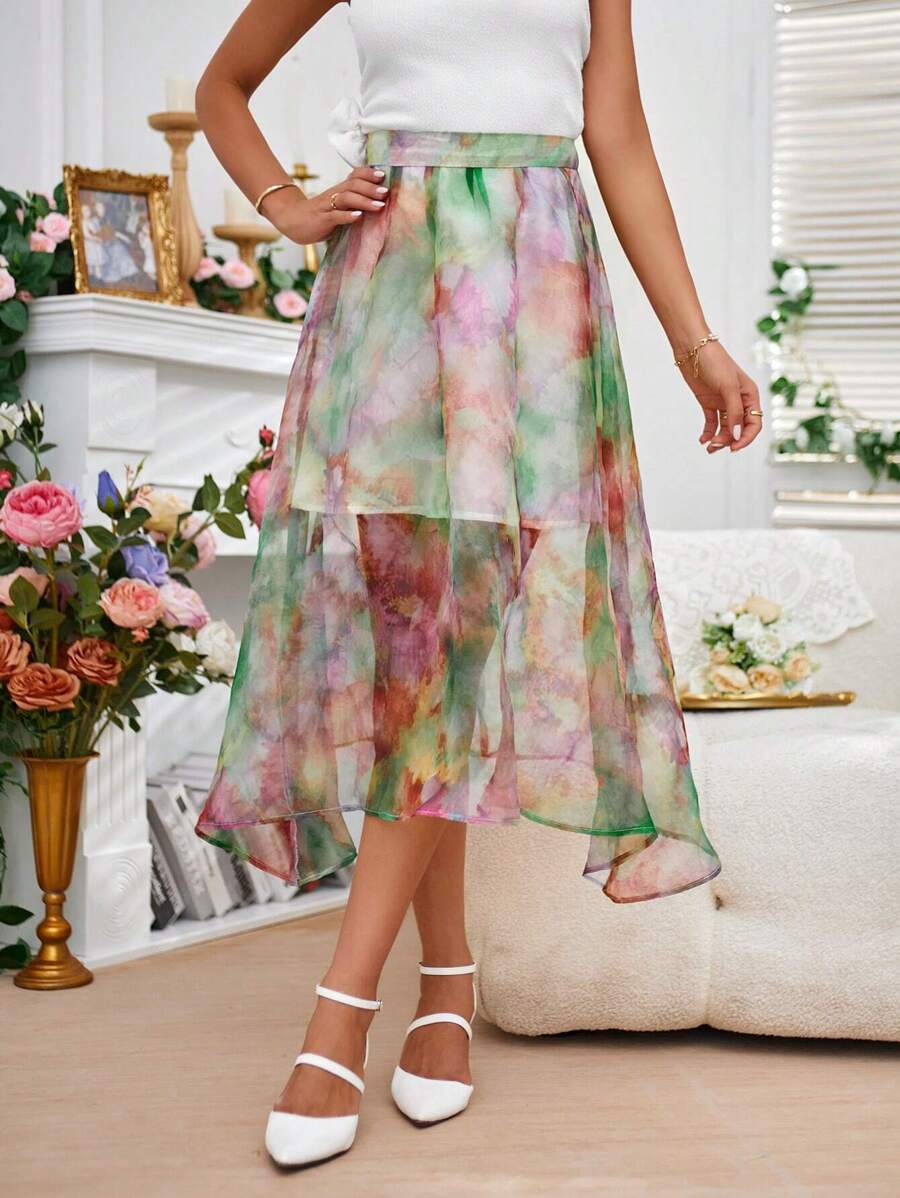 GENKIRA Váy nữ Bất đối xứng Cà vạt nhuộm In ngẫu nhiên Giải trí - Nhiều màu - Xem 1