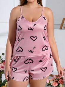 Plus Heart & Eyelash Print PJ Set - Pink - View 1