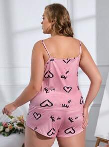 Plus Heart & Eyelash Print PJ Set - Pink - View 2
