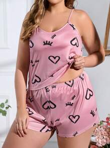 Plus Heart & Eyelash Print PJ Set - Pink - View 3
