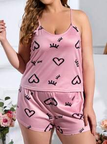 Plus Heart & Eyelash Print PJ Set - Pink - View 4