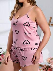 Plus Heart & Eyelash Print PJ Set - Pink - View 5