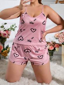 Plus Heart & Eyelash Print PJ Set - Pink - View 6