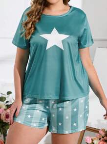 Plus Star & Striped Print PJ Set - Green - View 3