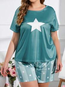 Plus Star & Striped Print PJ Set - Green - View 5